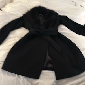 Sofia Cashmere wool/cashmere wrap coat with shearling collar; great condition